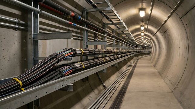 Industrial power cables running through a long concrete tunnel with overhead lights and steel cable trays in a facility