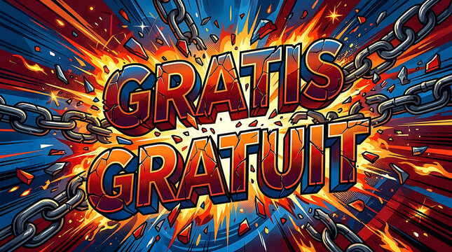 Gratis and gratuit text on comic explosion background with broken chains.