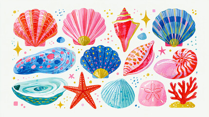 Fototapeta premium A vibrant collection of illustrated seashells and starfish in colorful designs.