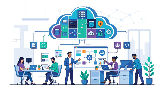 Cloud computing infrastructure with team collaboration and data management illustration
