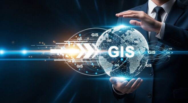Man holding globe with GIS text and glowing data streams in futuristic abstract background.