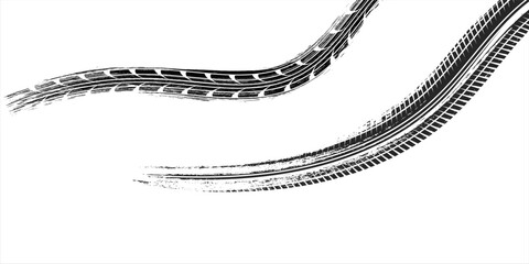 Fototapeta premium Black tire marks on road, Black rubber tire marks and tread marks, Tire trace track wheels texture and background, Auto tire tread grunge