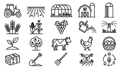 agriculture, farming, farm, tractor, harvest, field, crop, wheat, corn, greenhouse, irrigation, barn, silo, drone, cow, chicken, seedling, rural, organic, outline, icon, lineart, monoline, vector, ill © MdArif