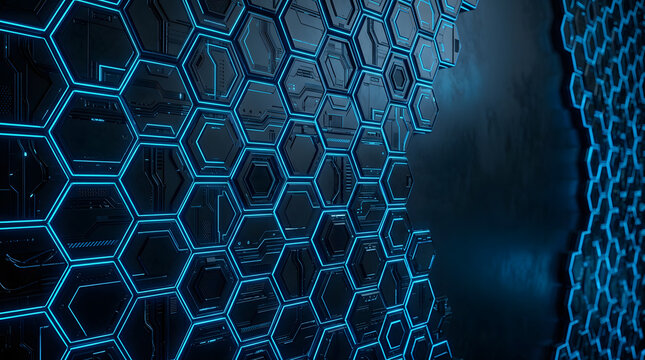Hexagonal digital data network structure with glowing blue light connection nodes