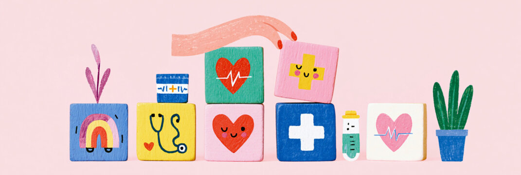 Colorful health-themed building blocks with playful designs and vibrant colors.