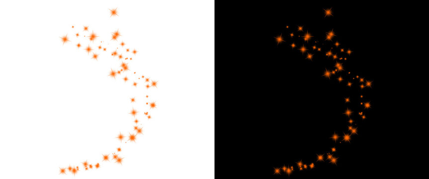 Glowing orange fire sparks and floating embers, burning charcoal particles on black and white background, magical firefly dust trail