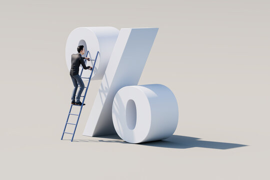 A businessman on a ladder climbing a percentage sign. Profit growth, interest rate, finance career, tax rates, KPI, revenue growth, rebate, inflation concept.