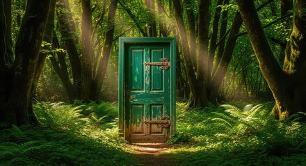 Obraz premium An old emerald green wooden door stands mysteriously alone amidst tall ancient trees and lush ferns in a dense sunlit woodland setting, fairytale, green, dreamlike