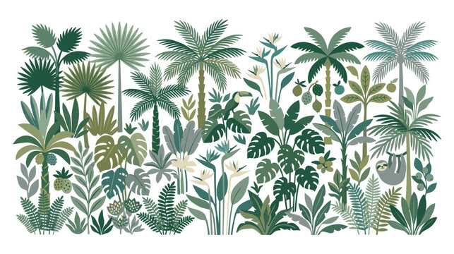 Tropical jungle background, paradise landscape with palm trees and exotic plants.
