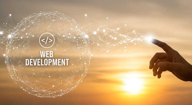 Web development digital network sphere and glowing finger touching abstract connection.