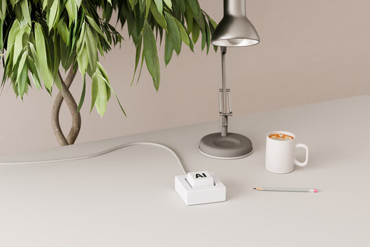 NOT AI Generated! A one key keyboard with the text AI on a desk with desk lamp, coffee, pencil and ficus tree. AI as a simple one stop solution for everything. Artificial General Intelligence AGI.