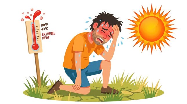 Heatstroke illustration man suffering in extreme heat with thermometer and sun