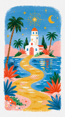 Obraz premium Colorful illustration of a whimsical church by the water under a starry night sky.