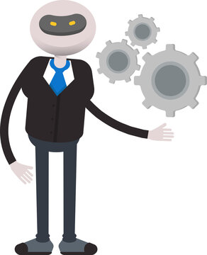 Robot Employee in Suit Character Holding Gears

