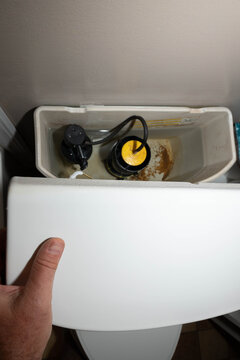 Hand replacing the top portion or lid to a bathroom toilet.