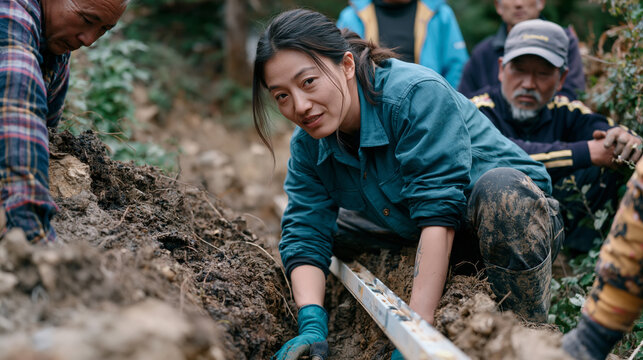 Development aid volunteer in a remote agricultural community assists local farmers in building a small irrigation channel, demonstrating a water-level tool borrowed from the village cooperative, mut