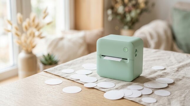Small green thermal printer on wooden table. Compact wireless label maker printing sticker. Modern DIY gadget for craft organizer and planner. Home office technology and stationery equipment.
