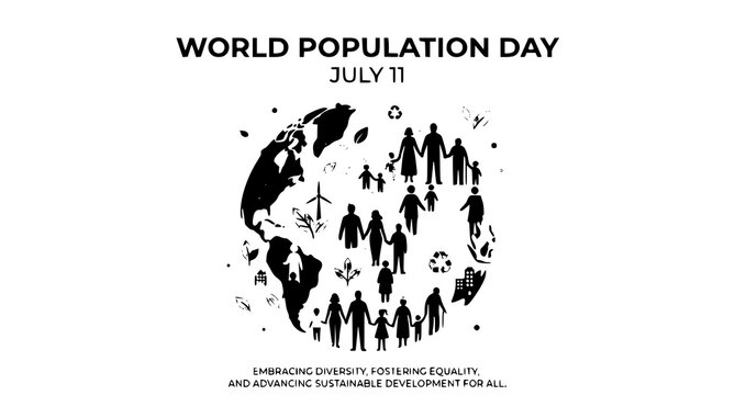 World population day black and white minimalist graphic with globe map silhouette diverse human figures and sustainability icons population diversity