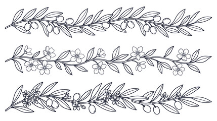Olive branch and spring flower foliage borders collection with elegant hand drawn design. © jubayer71