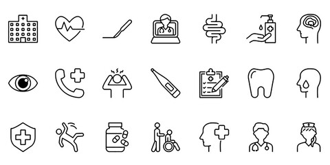 Fototapeta premium Medical Healthcare Hospital Line Icons Set Editable Vector Illustration Isolated on Transparent Background
