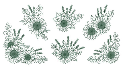 Sunflower and eucalyptus floral arrangement set with hand drawn line art botanical style. © jubayer71
