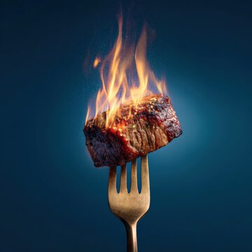 Dramatic grilled beef steak piece on golden fork engulfed in flames against dark blue background, fiery gourmet meat close-up with intense heat and bold food photography aesthetic