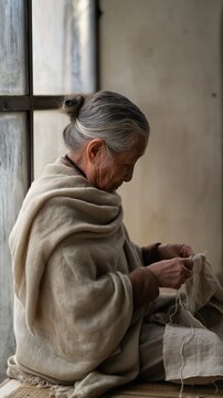 Elderly Asian woman in linen shawl sewing by window in rustic interior, authentic senior artisan craft and slow living lifestyle portrait