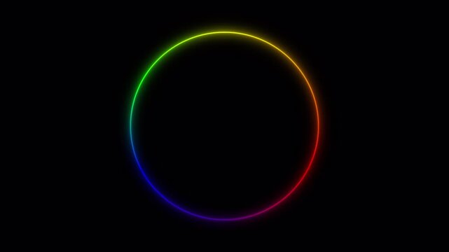 Glowing Rainbow Neon Circle Frame on Black Background, Colorful LED Ring Light, Futuristic Spectrum Halo, Abstract Luminous Border, Motion Graphics Animation Loop