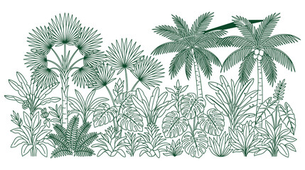 Jungle panorama line art illustration featuring palm trees and tropical plants in landscape. © jubayer71