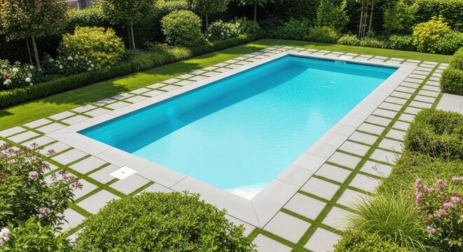 High angle view of a pristine rectangular swimming pool centered in a lush backyard garden with stone pavers, green grass, and landscape, symmetrical, clean, design