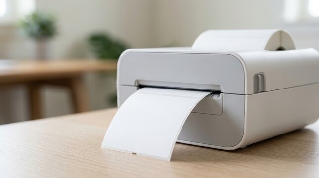 Thermal label printer on office desk. Portable device printing shipping tag on adhesive roll. Modern electronic gadget for logistics business, ecommerce warehouse and retail management.