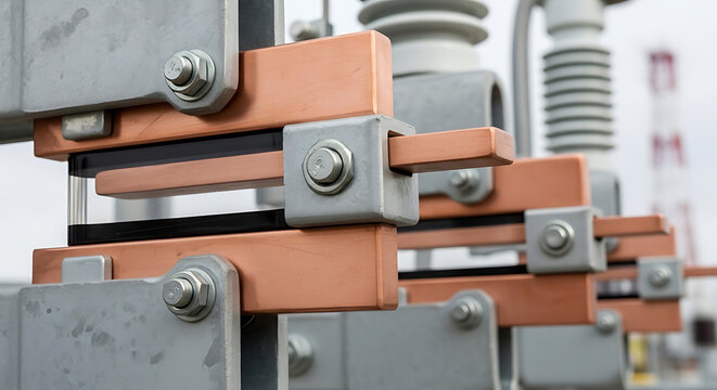 Close up of solid copper busbars with steel bolts installed on powerful industrial high voltage electric substation equipment outdoors. Style: Technical Photo.