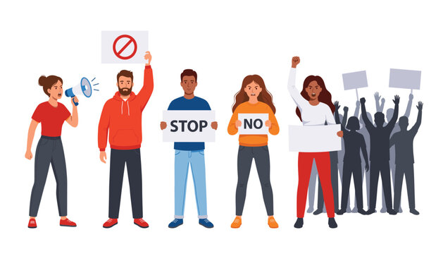 Protesting people vector characters illustration. Group of diverse crowd protesting with placards, blank signs, megaphone during public demonstration.