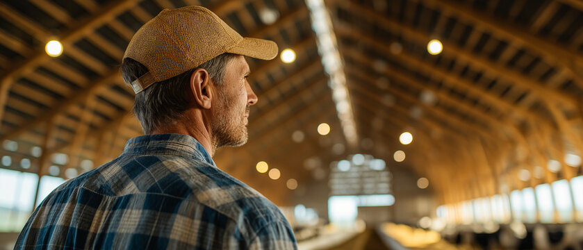 Farmer in Barn: A farmer wearing a cap and plaid shirt stands inside a large barn, looking out into the distance, with warm light illuminating the wooden structure.