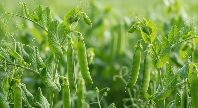 Lush green pea pods hang from delicate vines in a sunny field. Vibrant vegetable plants display intricate curly tendrils and soft leaves, field, close-up, garden