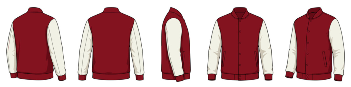 Maroon varsity jacket mockup realistic vector illustration set. College sportswear garment with copyspace 3d models on transparent background