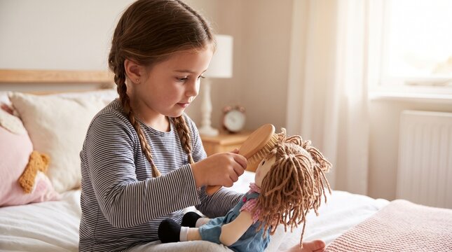 Young girl brushing hair of doll while sitting on bed at home  