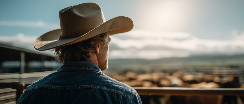 Cowboy Contemplation: A lone cowboy in a Stetson hat surveys a ranch with cattle in the distance, bathed in the warm light of a clear day.