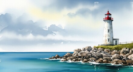 Fototapeta premium Serene watercolor painting of a solitary lighthouse standing on a rocky coast by the sea under a soft, overcast sky with textured washes, ocean, paper, tower