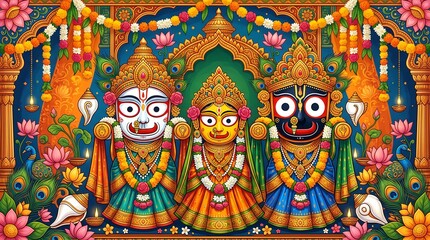 Fototapeta premium Vibrant hindu deities in traditional rath yatra attire with floral decorations