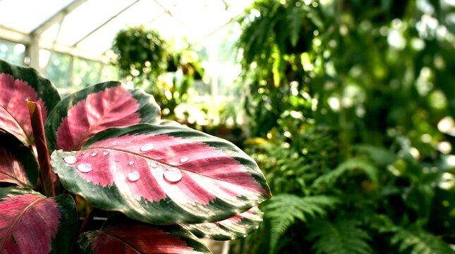 Water droplets on pink calathea stock photo showcasing authentic modern lifestyle concept sce 2