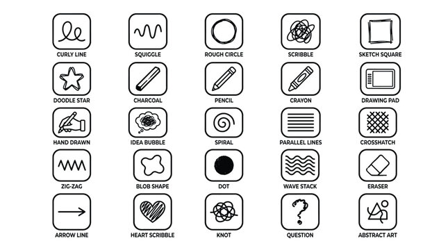 Comprehensive set of creative artistic sketching doodle icons and drawing tools contained in rounded square frames for digital illustration and graphic design.