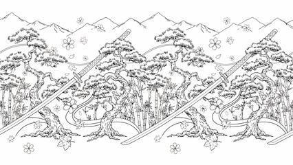 Obraz premium Black and white Japanese landscape with trees mountains snow winter scene monochrome