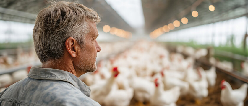 Farmer's Pride: A weathered farmer in a poultry farm surveys his flock of white chickens under the soft lights of the enclosure, embodying dedication to his livelihood.