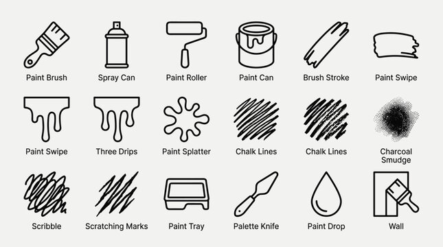 Creative collection of painting and art supply icons including brushes rollers paint cans chalk textures charcoal smudges and artistic tools for graphic design.
