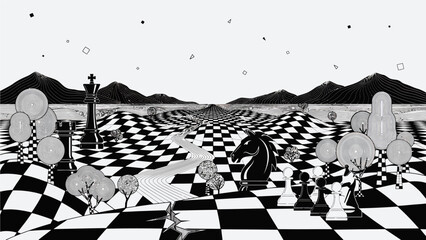 Chess pieces on infinite board with balloons mountains black and white © Asad