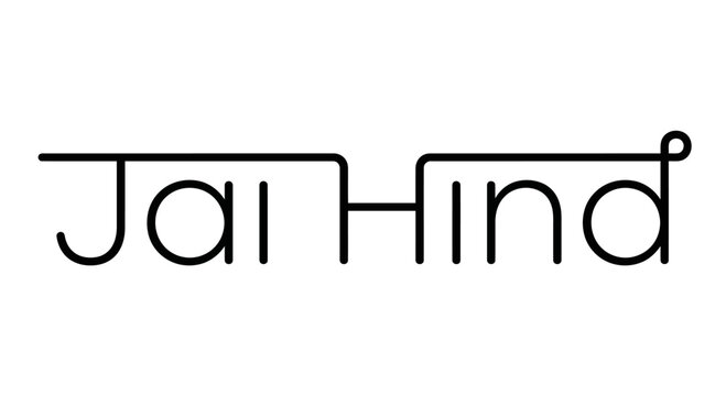 Jai Hind continuous thin line typography slogan banner in minimalist monoline style on isolated white background