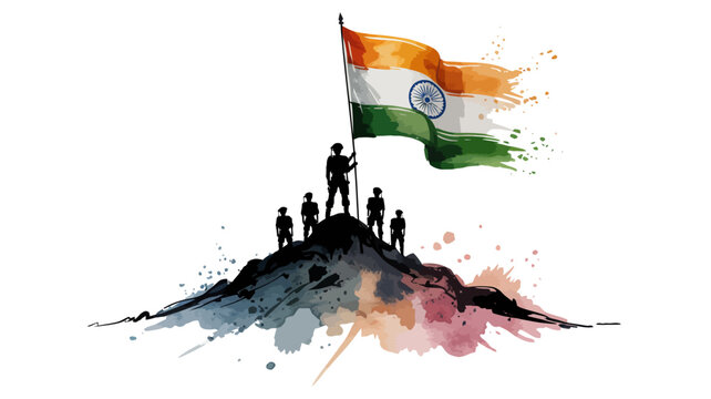 Indian Independence Day vector banner with soldier silhouettes hoisting tricolor flag on mountain peak with creative watercolor splashes on white background