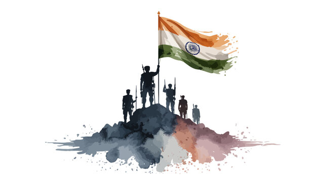Indian Independence Day vector banner with soldier silhouettes hoisting tricolor flag on mountain peak with creative watercolor splashes on white background