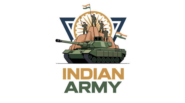 Indian Army Day commemorative banner with military battle tank and soldiers hoisting tricolor flag on rocky hill over isolated white background